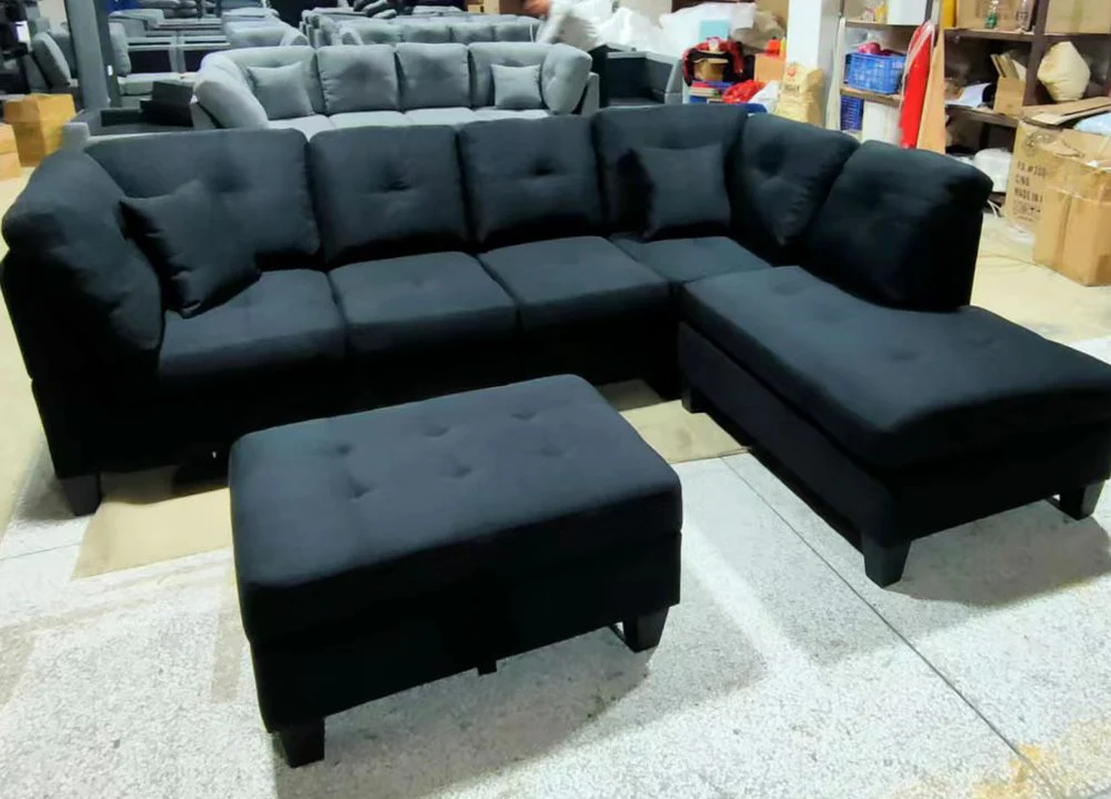 1012reversiblesectionalblackfabric (1) Reversible Fabric Sectional Sofa with Ottoman in Black 1012 - Image 1