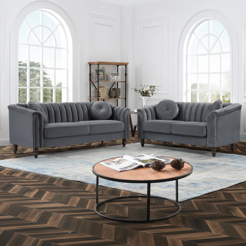 1361_grey_sofa_set Grey Velvet 2PC Sofa Set with Throw Pillows 1361 - Image 1