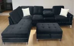 Black Velvet Reversible Sectional Sofa with Ottoman 2402 - Image 2