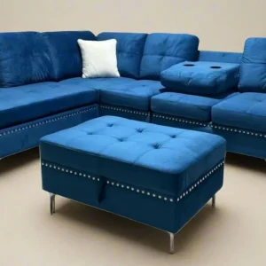 Blue Velvet Reversible Sectional Sofa with Ottoman 2402