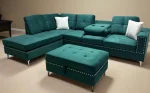 Green Velvet Reversible Sectional Sofa with Ottoman 2402 - Image 2