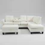 White Soft PU Reversible Sectional Sofa with Drop Down Tray & Stoage Ottoman 2406 - Image 2