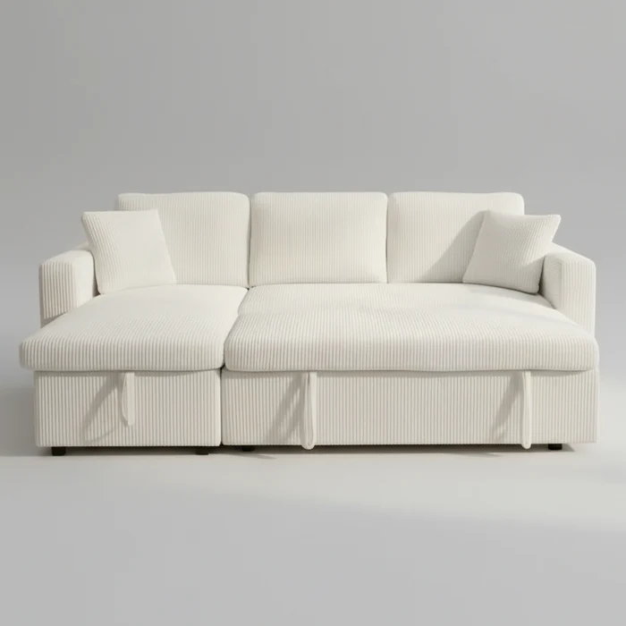 2508sectionalsofacreamcorduroyopen Cream Corduroy Fabric Reversible Sectional Sofa Bed 2508 - Image 1