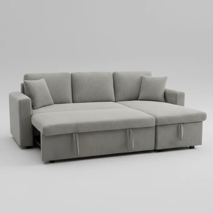 2508sectionalsofalightgreycorduroyopen Light Grey Corduroy Fabric Reversible Sectional Sofa Bed 2508 - Image 1