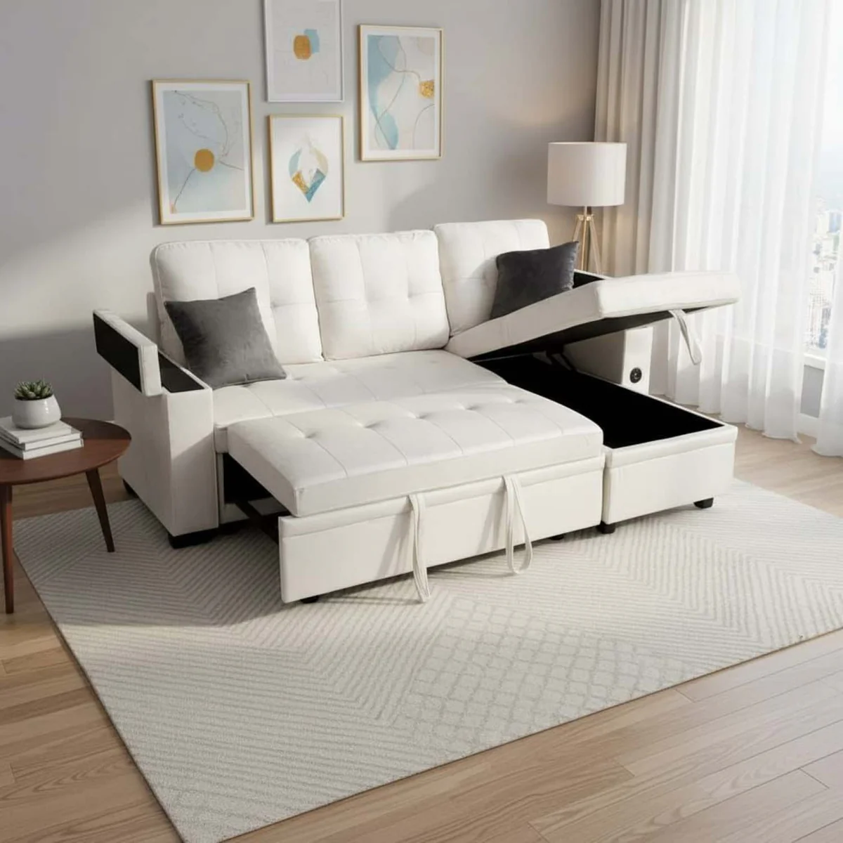 Beige-Fabric-Reversible-Sofa-Bed-with-USB-Charger-Cup-Holders-712A Beige Fabric Reversible Sofa Bed with USB Charger & Cup Holders 712A - Image 1