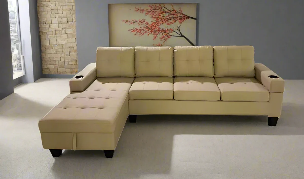 BeigePUSectionalSofawithCupHolder2018 Beige PU Sectional Sofa with Cup Holder 2218 - Image 1