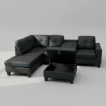 Black Soft PU Reversible Sectional Sofa with Drop Down Tray & Stoage Ottoman 2406 - Image 5