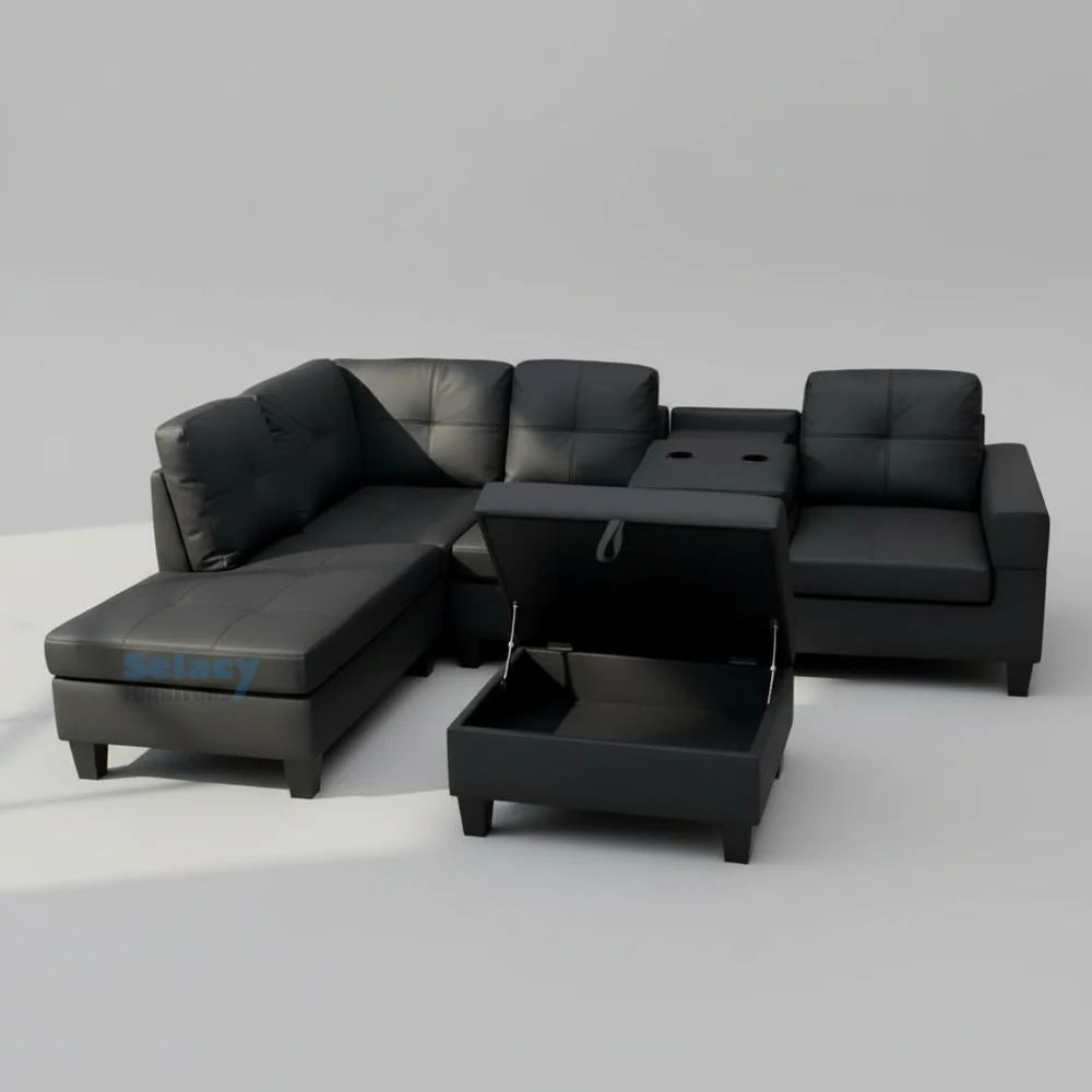Black Soft PU Reversible Sectional Sofa with Drop Down Tray & Stoage Ottoman 2406 - Image 5