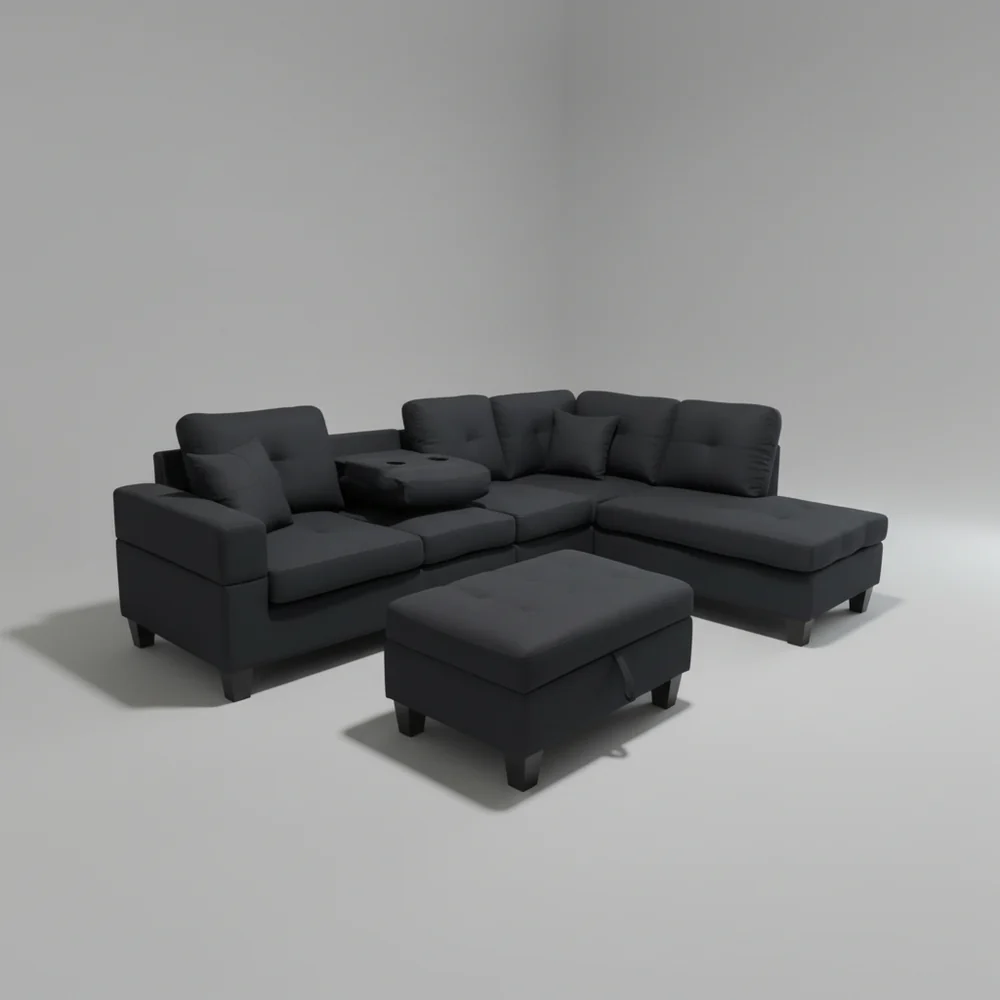 Black Reversible Sectional Sofa with Drop Down Tray & Storage Ottoman 2401 - Image 2