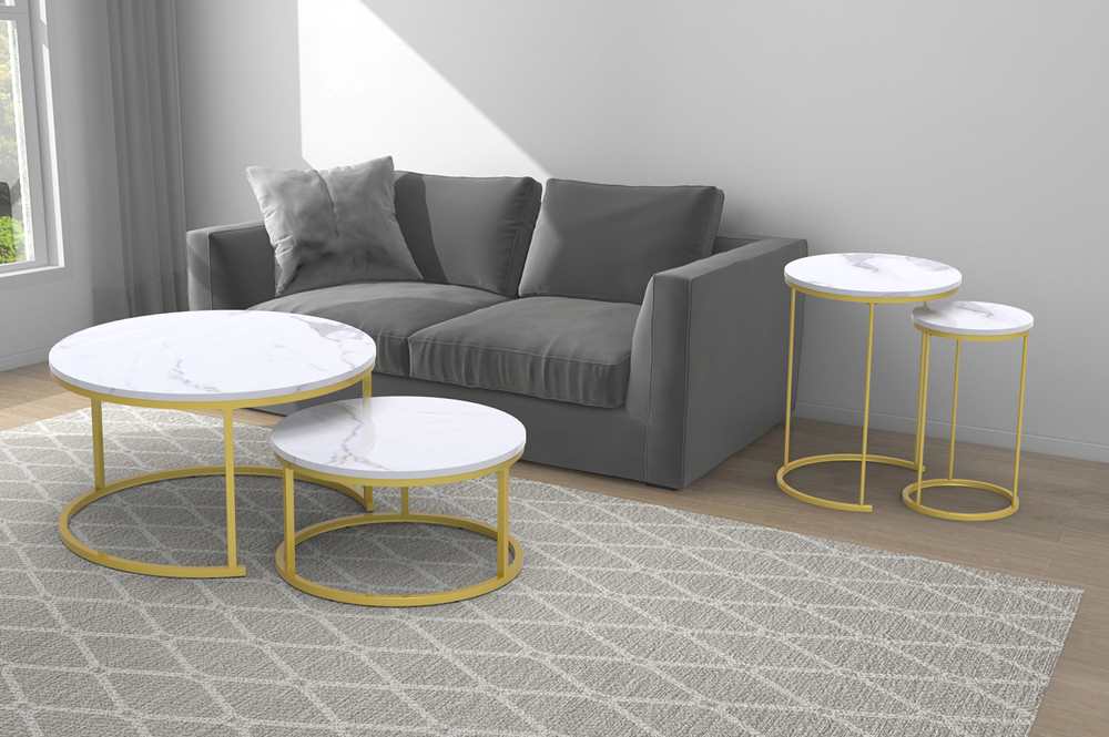 Coffee-Table-Collection-5503 White Round Coffee Table With Brushed Gold Finish Base 5503 - Image 1