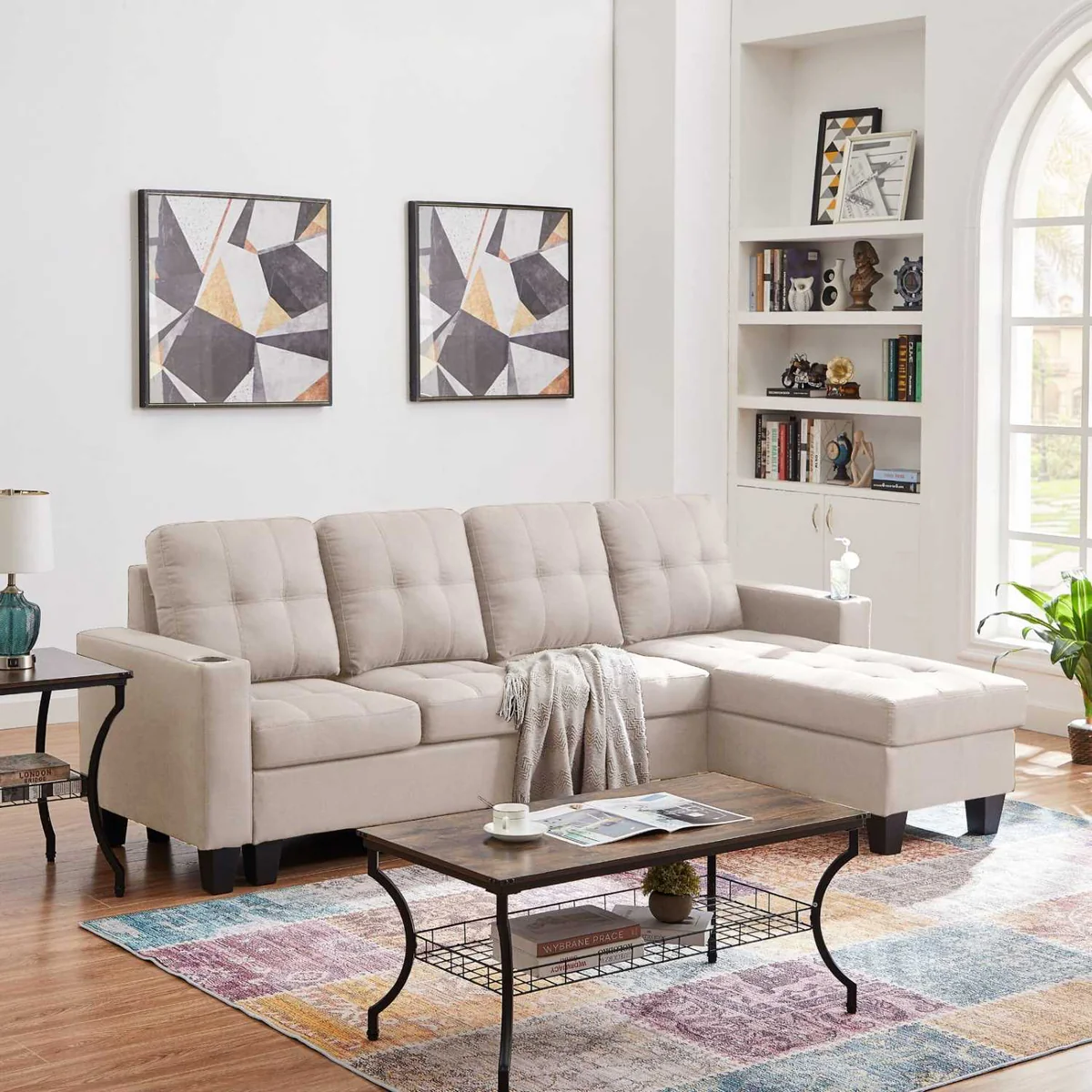 Diamond-Reversible-Beige-Fabric-Sectional-Sofa Diamond Reversible Beige Fabric Sectional Sofa - Image 1