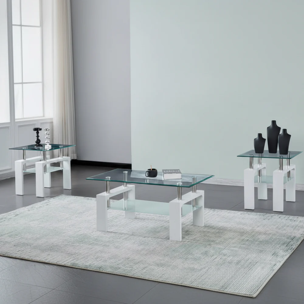Glass-Coffee-Table-Set-With-Glossy-White-Legs-2063 (1) Glass Coffee Table With Glossy White Legs 2063 - Image 1