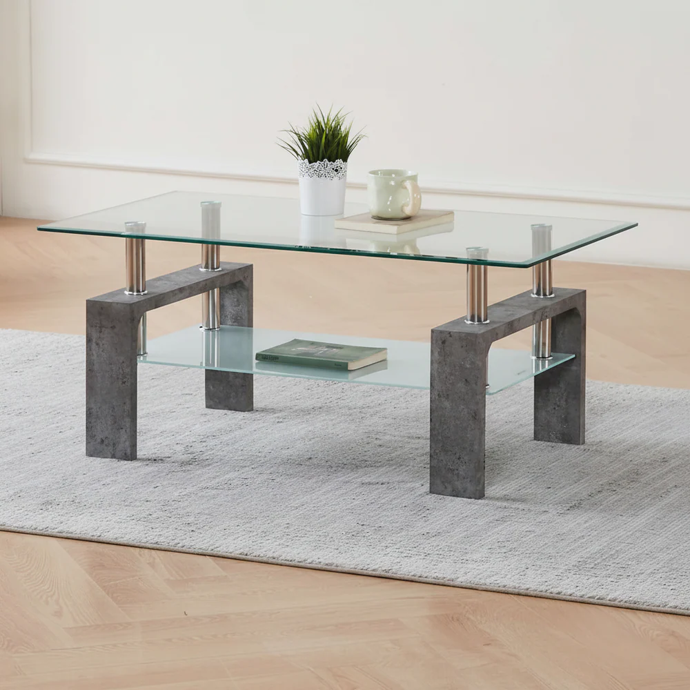 Glass-Coffee-Table-Set-With-Grey-Faux-Marble-Legs-2061 (1) Glass Coffee Table Set With Grey Faux Marble Legs 2061 - Image 1