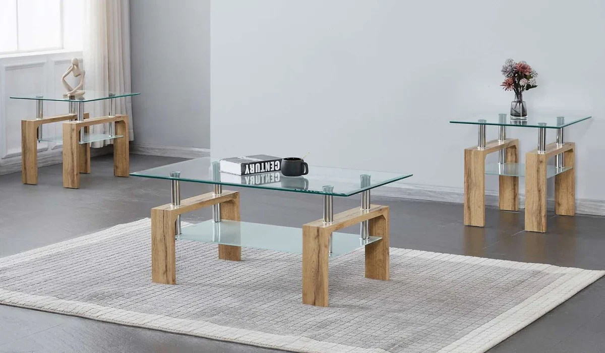 Glass-Coffee-Table-Set-With-Light-Natural-Wood-Finish-Legs-2062 (1) Glass Coffee Table With Light Natural Wood Finish Legs 2062 - Image 1