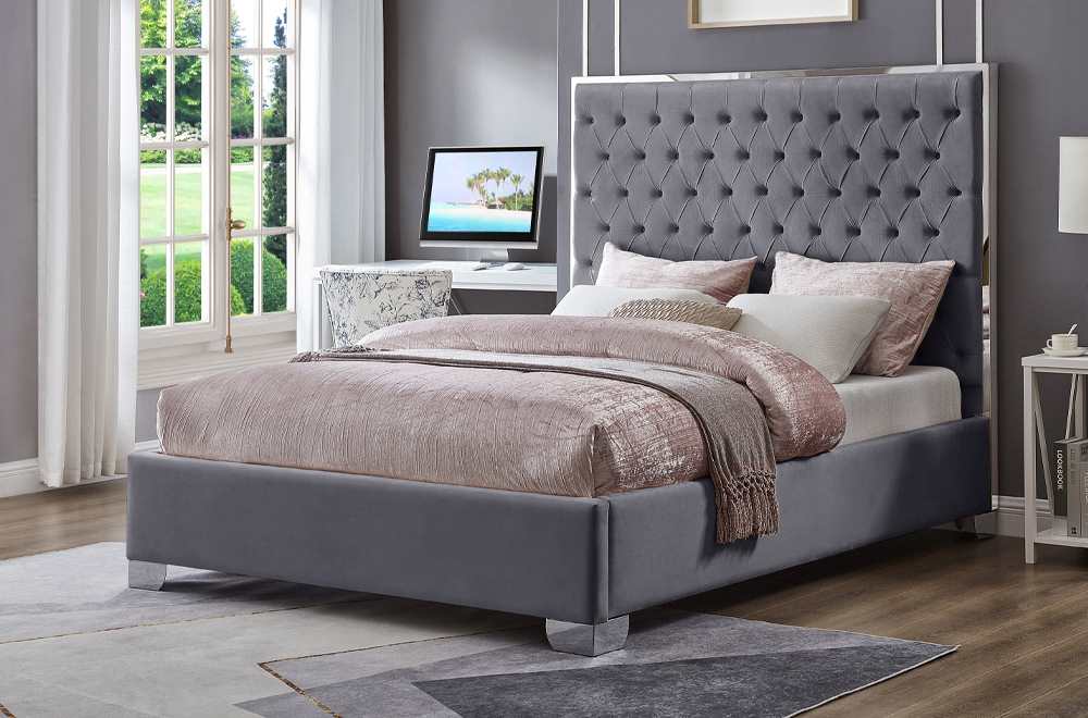 Grey-Velvet-Platform-Bed-With-Tufted-Headboard-2385 Grey Velvet Platform Bed With Tufted Headboard 2385 - Image 1