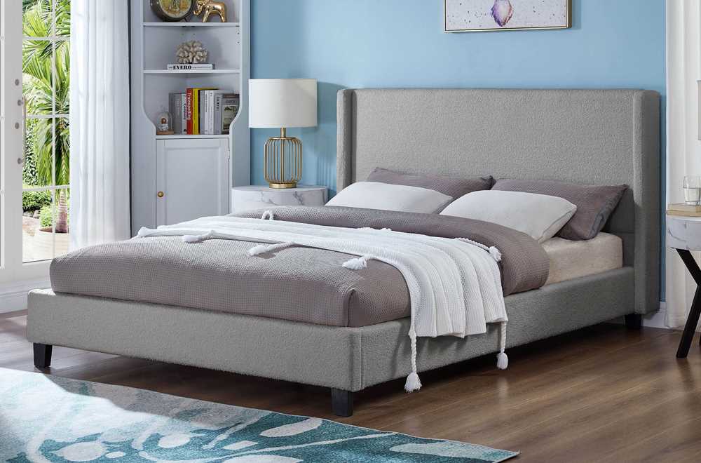 GreyPlatformBed2192 Boucle Fabric Grey Platform Bed 2192 - Image 1