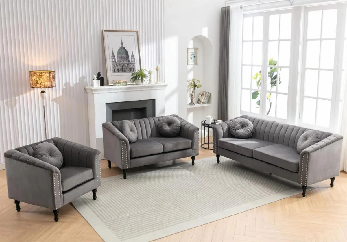 GreyVelvetSofaSetwithThrowPillows1361 Grey Velvet 3PC Sofa Set with Throw Pillows 1361 - Image 1