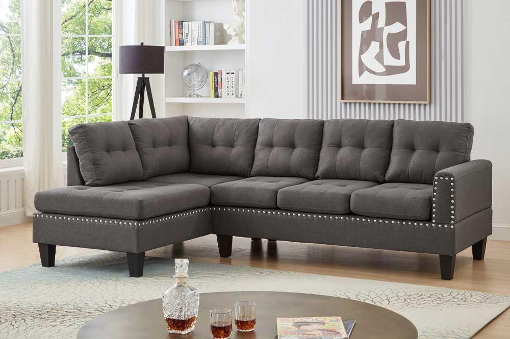 Grey_-Reversible_-Sectional-_Sofa-_With_-Nailhead-_Trim-_1234 Grey Reversible Sectional Sofa With Nailhead Trim 1234 - Image 1