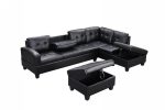 Black Soft PU Reversible Sectional Sofa with Drop Down Tray & Stoage Ottoman 2406