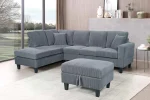 Reversible Grey Corduroy Fabric Sectional Sofa with Storage Ottoman 9937 - Image 2