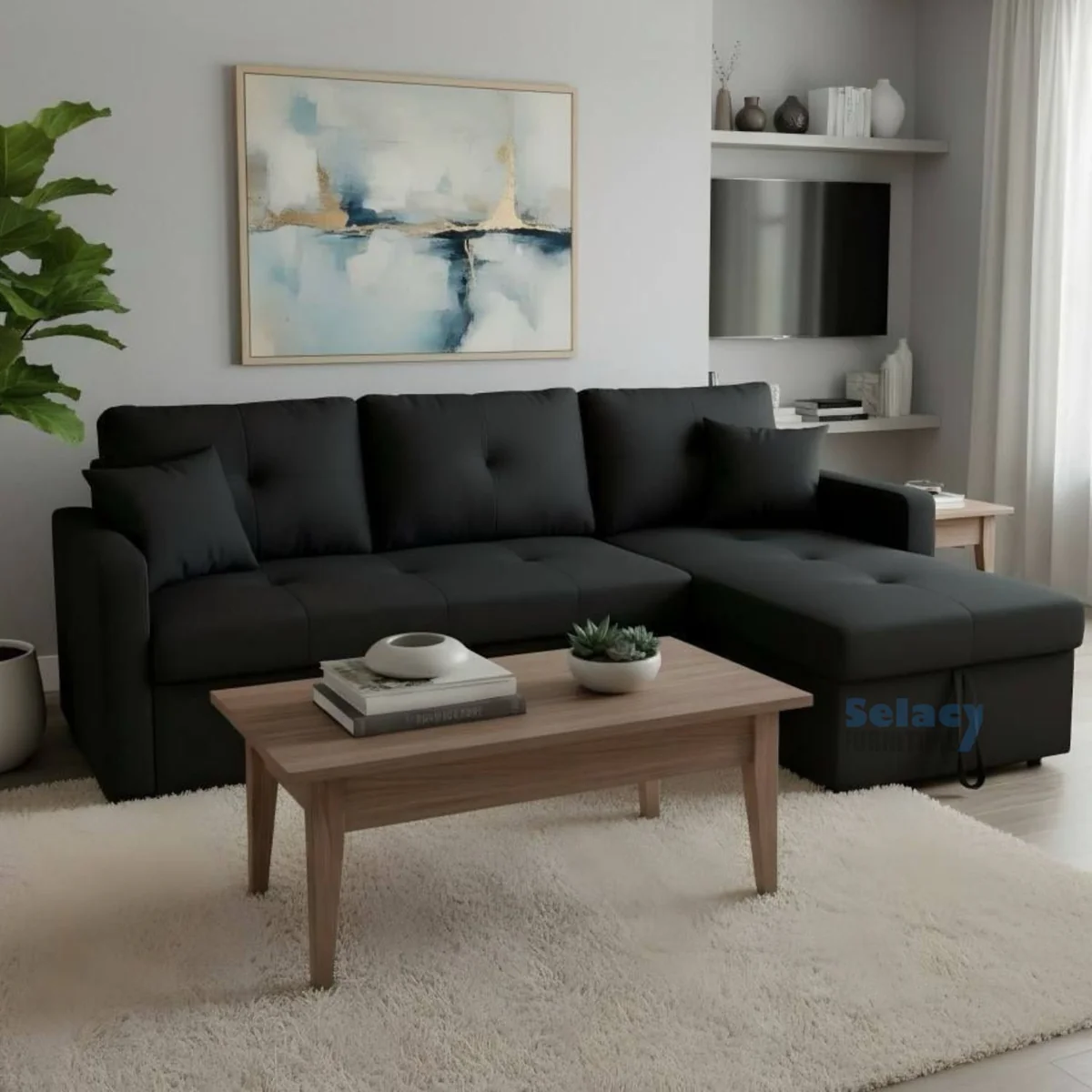 Reversible_-Black-_Fabric-_Pull-_Out_-Sectional_-Sofa_-Bed_-With_-Storage-_1866_44a1138a-5833-4999-bb08-925b6401f86d Reversible Black Fabric Pull Out Sectional Sofa Bed With Storage 1866 - Image 1