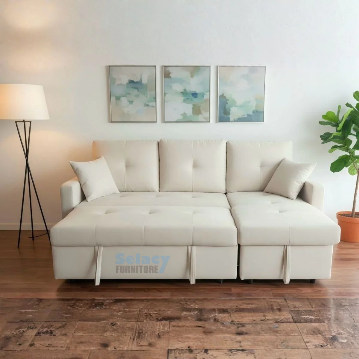 Reversible Cream Fabric Pull Out Sectional Sofa Bed With Storage 1866 - Image 2
