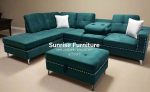 Green Velvet Reversible Sectional Sofa with Ottoman 2402