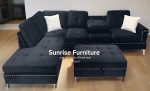 Black Velvet Reversible Sectional Sofa with Ottoman 2402