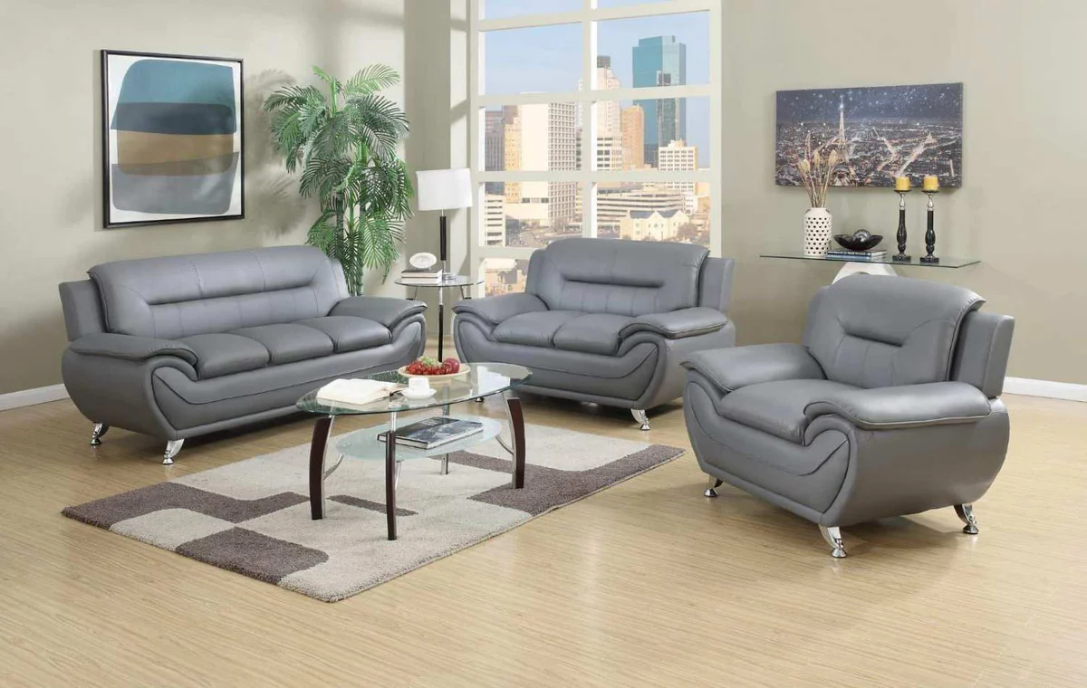 Speedy-Grey-Faux-Leather-3pc-Sofa-Set-with-Chrome-Legs-868 Speedy Grey Faux Leather 3pc Sofa Set with Chrome Legs 868 - Image 1