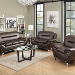 Speedy Brown Faux Leather 3pc Sofa Set with Chrome Legs 868