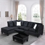 Snow Black Velvet Reversible Sectional Sofa with Ottoman 1013