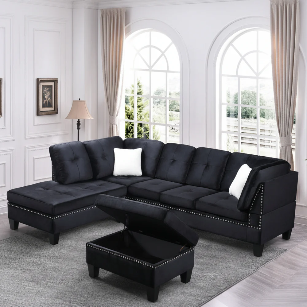 WhatsAppImage2022-08-24at8.33.27PM_1 Snow Black Velvet Reversible Sectional Sofa with Ottoman 1013 - Image 1