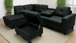 Black Soft PU Reversible Sectional Sofa with Drop Down Tray & Stoage Ottoman 2406 - Image 3