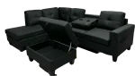 Black Soft PU Reversible Sectional Sofa with Drop Down Tray & Stoage Ottoman 2406 - Image 4