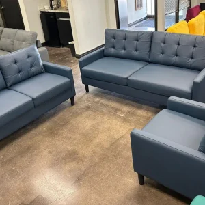 Dark Blue Soft Faux Leather Sofa Set 2403