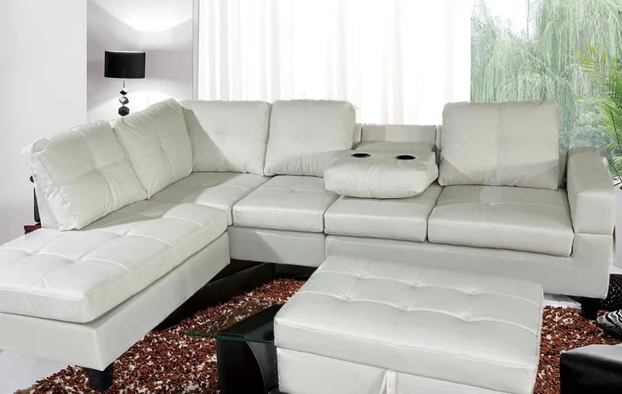 WhiteSoftPUReversibleSectionalSofawithDropDownTray_StoageOttoman2406 White Soft PU Reversible Sectional Sofa with Drop Down Tray & Stoage Ottoman 2406 - Image 1