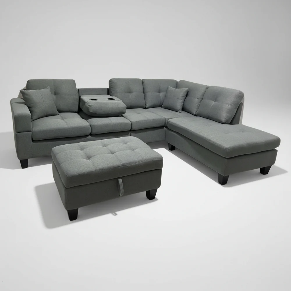 reversible_sectional_sofa_2401_grey Grey Reversible Sectional Sofa with Drop Down Tray & Stoage Ottoman2401 - Image 1