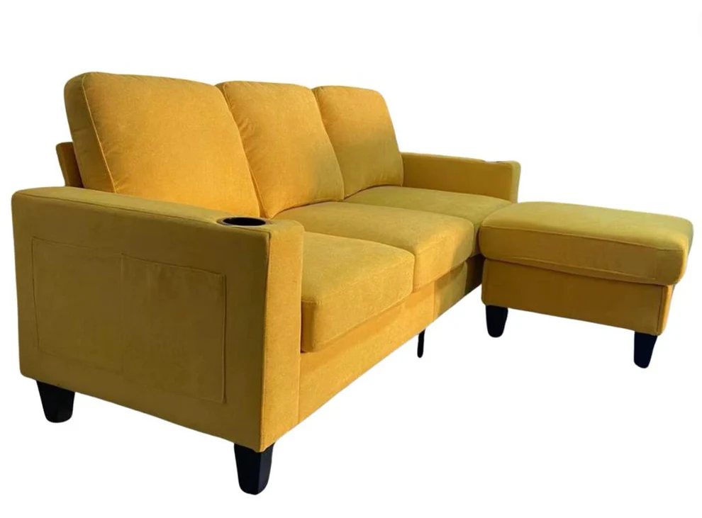 2215YELLOW Modern Micro Fabric 3-Seater Sofa with Ottoman & USB Charging Port - Image 1