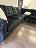 Velvet Sectional With Silver Legs & White Throw Pillows - Image 5