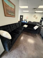 Velvet Sectional With Silver Legs & White Throw Pillows - Image 4
